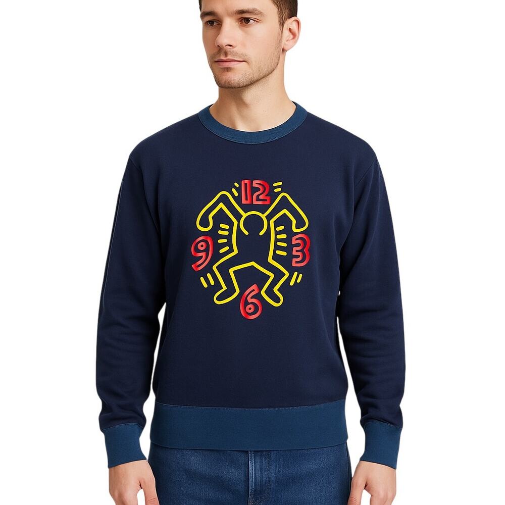 Men's Navy Graphic Crewneck Sweatshirt with Yellow & Red Motif